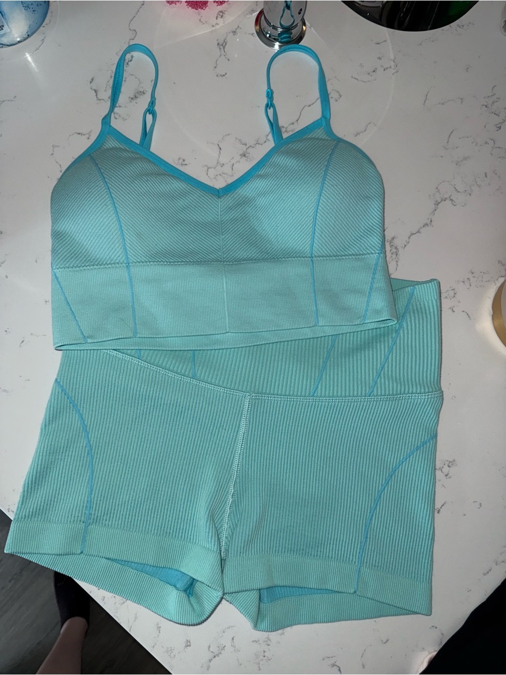 aerie Aqua Ribbed Bike Shorts and Bralette Set